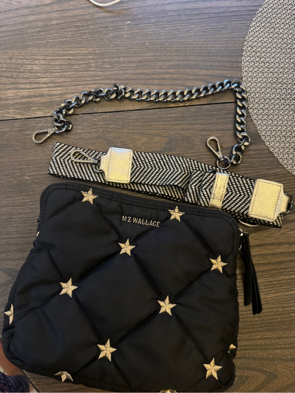 MZ WALLACE Black Quilted Crossbody with Gold Stars & Patterned Strap - Picture 5 of 9